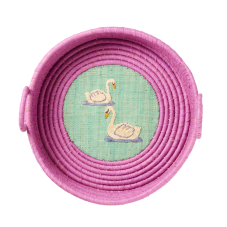 Round Raffia Bread Basket Embroidered Swans & Birds Rice DK